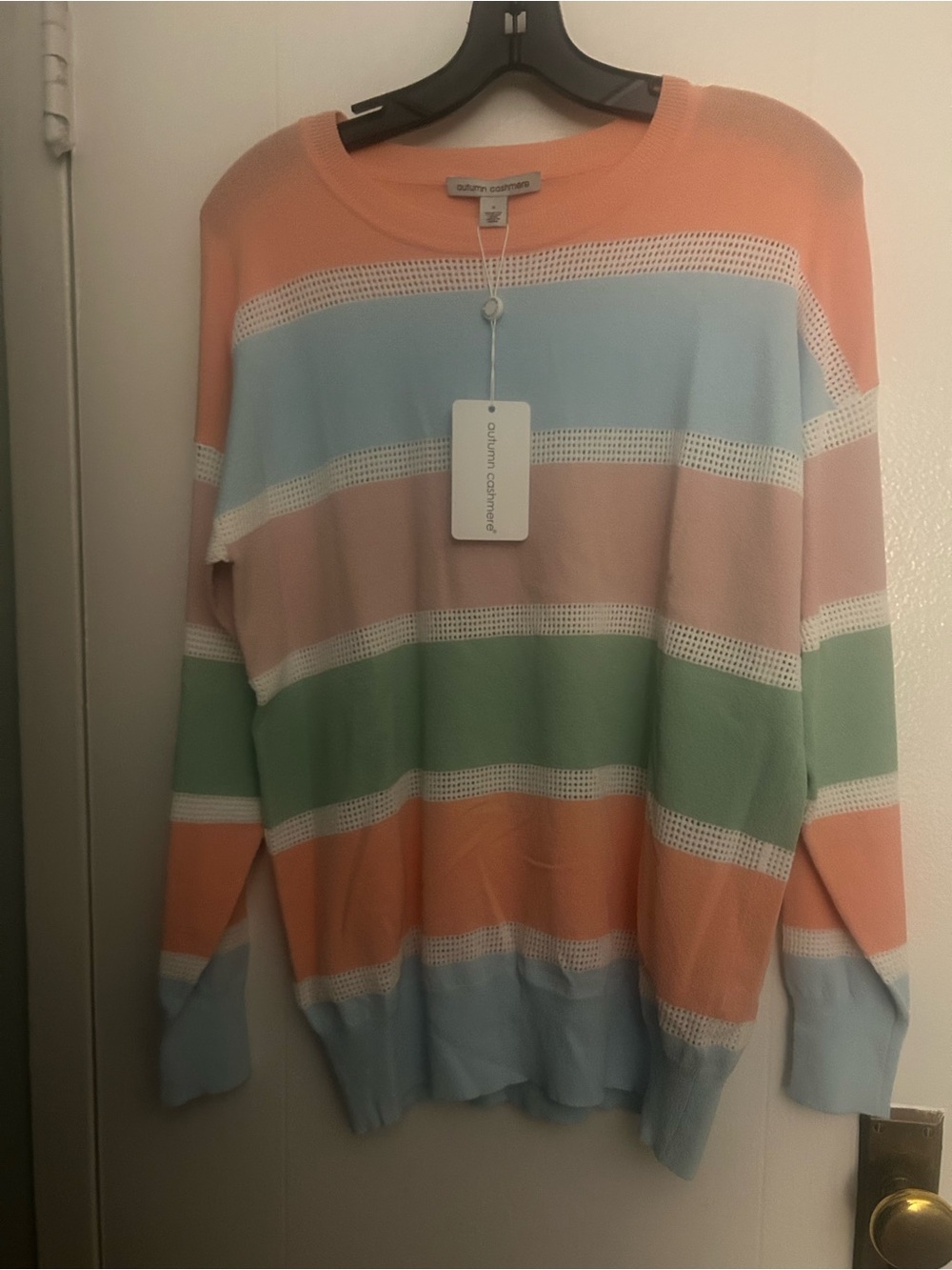 Autumn Cashmere Striped Knit Top Peach, blue and green. Small
75% Viscose